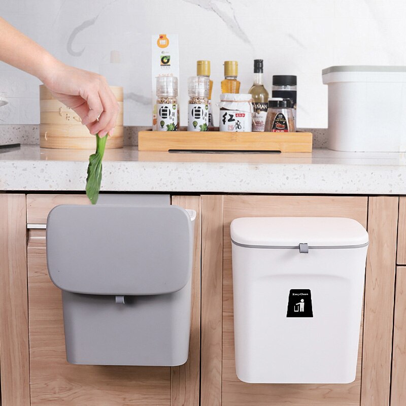Hanging Trash Can for Kitchen Cabinet Door with Lid Wall Mounted Counter Waste Bin Plastic JDH88
