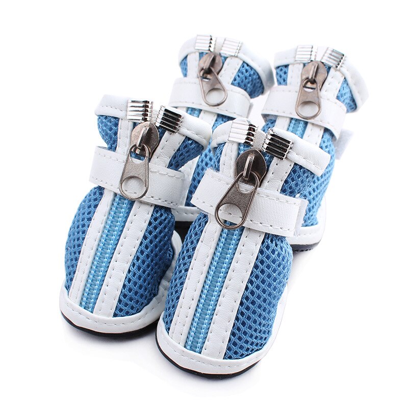 4 Teile/satz Hund Schuhe Gittergewebe Oberfläche Atmungs Haustier Schuhe Baumwolle Tuch Reißverschluss Hunde Schuhe Frühling Coole Schuhe Für Chihuahua: Blau / Nein. 3