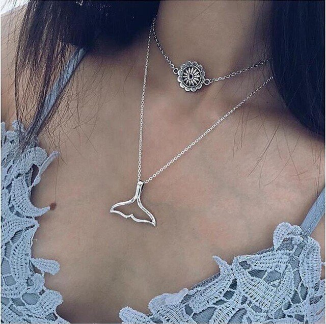 Vintage Multilayer Gold Necklaces for Women Kolye Moon Star Crystal Chain Necklaces & Pendants Boho Choker Jewelry: Flower Fishtail