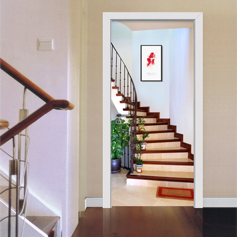 3D Wall Door Sticker Modern Spatial Expansion Stairs Wallpaper PVC Self-Adhesive Waterproof 3D Door Murals Home Decals