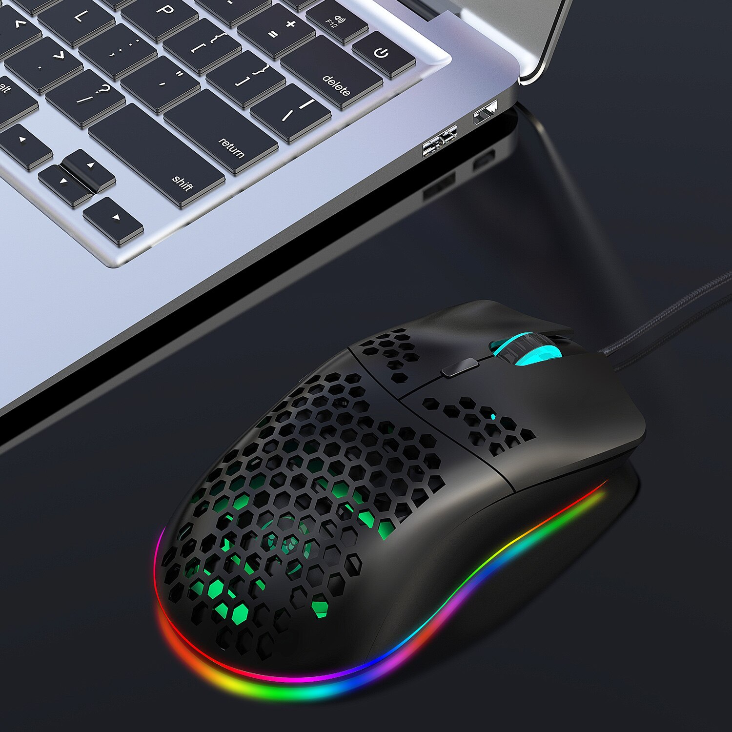 Kabelgebundene gaming-maus mit wabenstruktur, rgb-hintergrundbeleuchtung, 6400 dpi, leicht, ergonomisch, optisch, für computer, pc und laptop