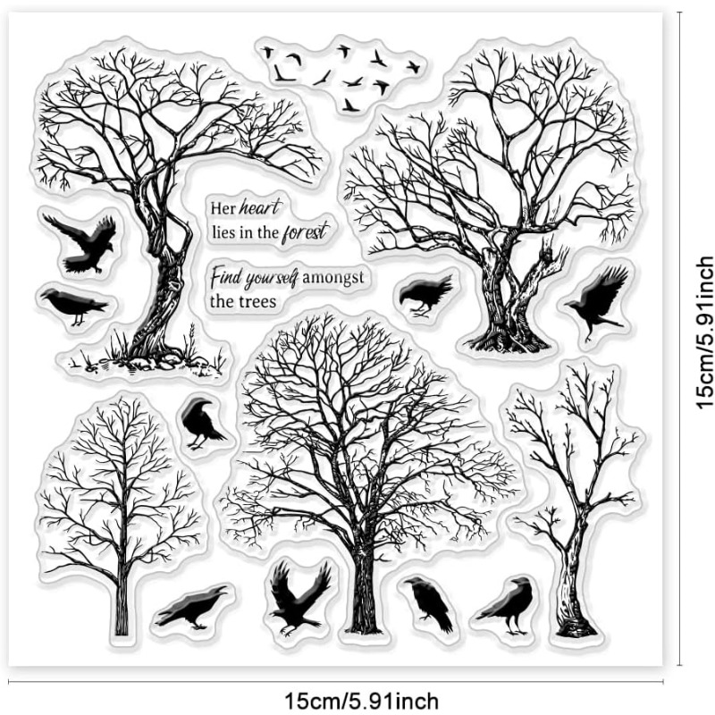 1Sheet Trees Clear Stamps for DIY Scrapbooking Crow Birds Silicone Clear Stamp Seals 15x15cm Transparent Stamps for Cards Making: WHITE