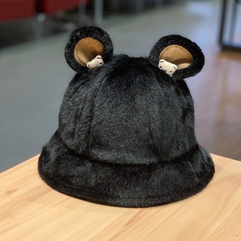 Lovely Fisherman Hat Cute Bear Ear Basin Cap Leisure Soft Sister Solid Color Bucket Cap Outdoor Activities Skiing Hiking