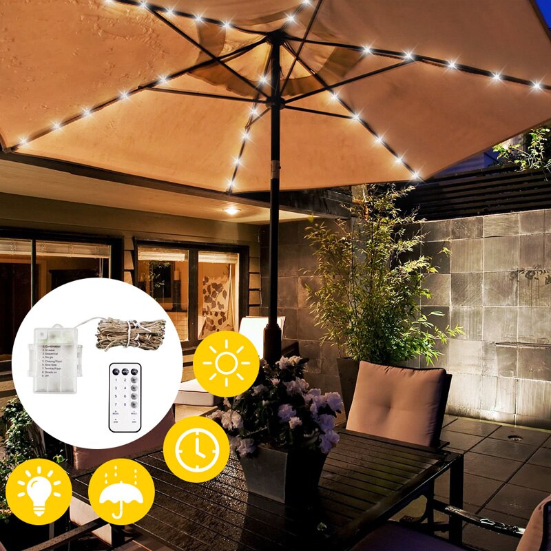 Guirlande LED Pour Parasol – 104 LED – 8 Modes – Batterie – IP65 – Blanc Chaud