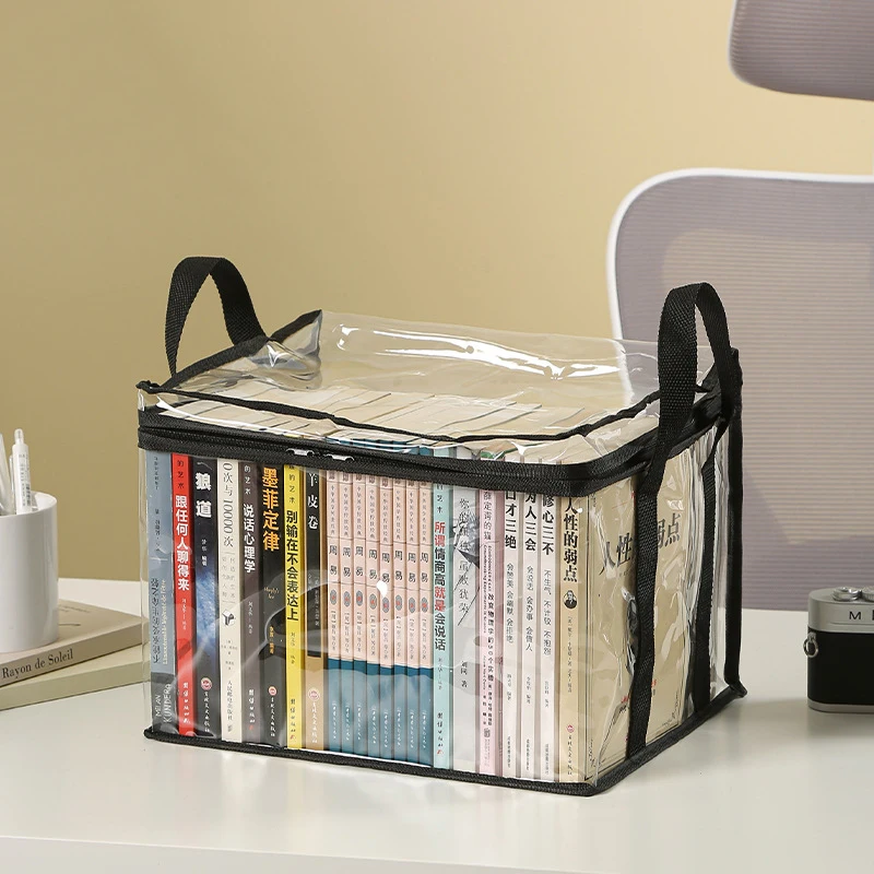 Foldable Book Box, Student Dormitory Classroom Book Organizer, Transparent Waterproof Home Book Storage Box: black