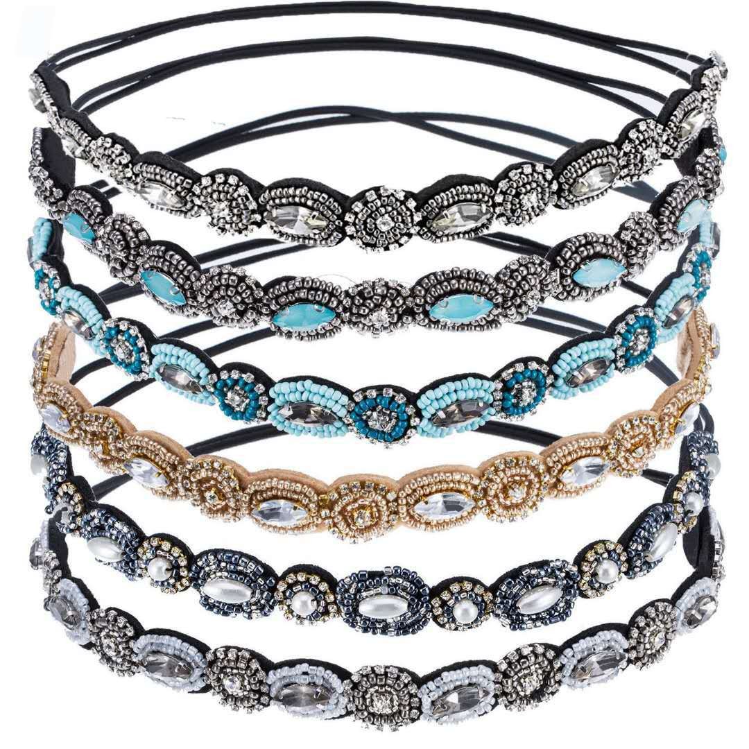 Diadema bohemia para el cabello, diademas elásticas, Tiara con cuentas turquesas Vintage y diademas elásticas con diamantes de imitación, tocados para mujer