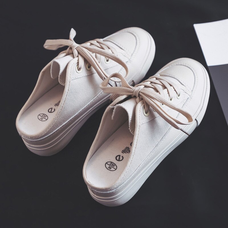 Zomer verhoogde canvas schoenen dames zonder hak halve slippers dikke onderkant koreaanse versie van wilde sportschoenen dames zp -37: Beige / 5