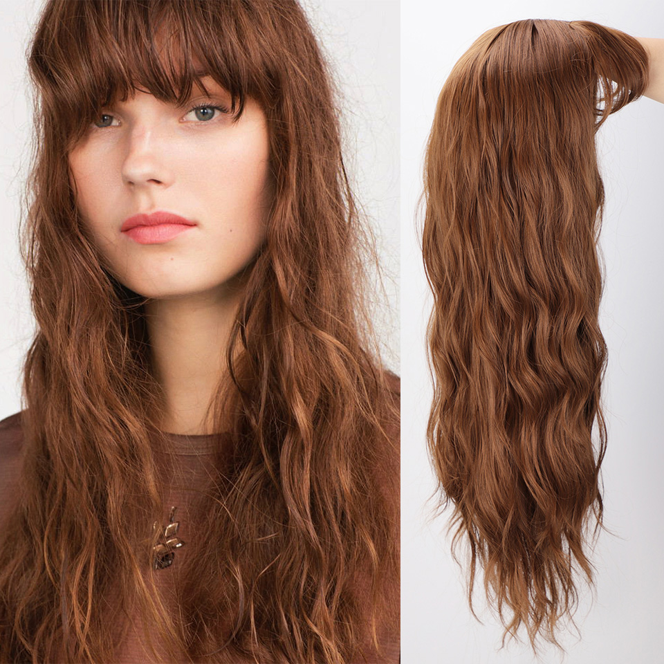 AISI Beauty Long Water Wave Synthetic Wigs with Bangs Mix Brown Wig for Women Pink Red Black Heat Resistant Hair: 8-12-30