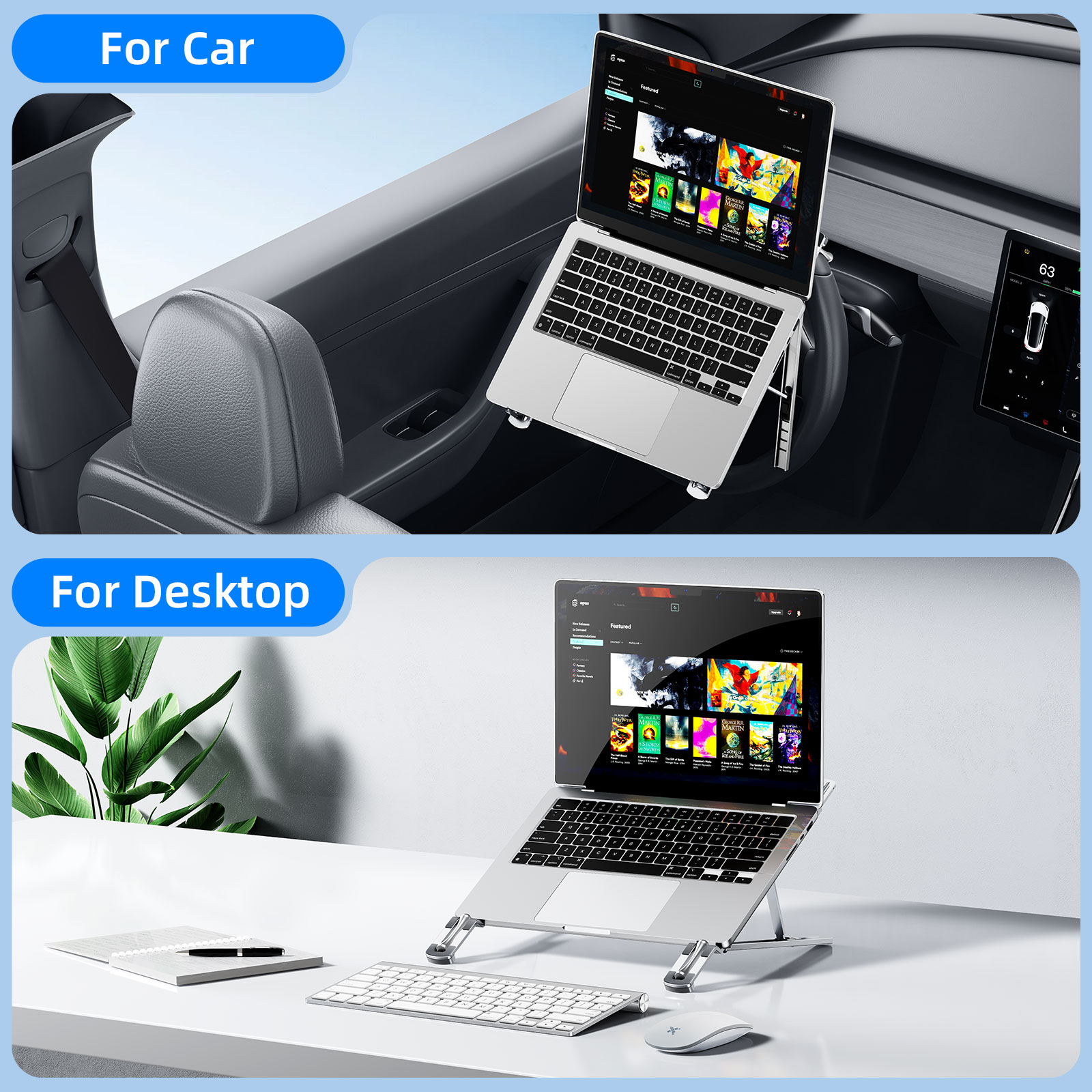 Oatsbasf Auto-Lenkrad-Laptop-Ständer, tragbar, faltbar, 5-stufig verstellbar, Aluminium, für Tablet, Notebook, Buch für Auto, Desktop