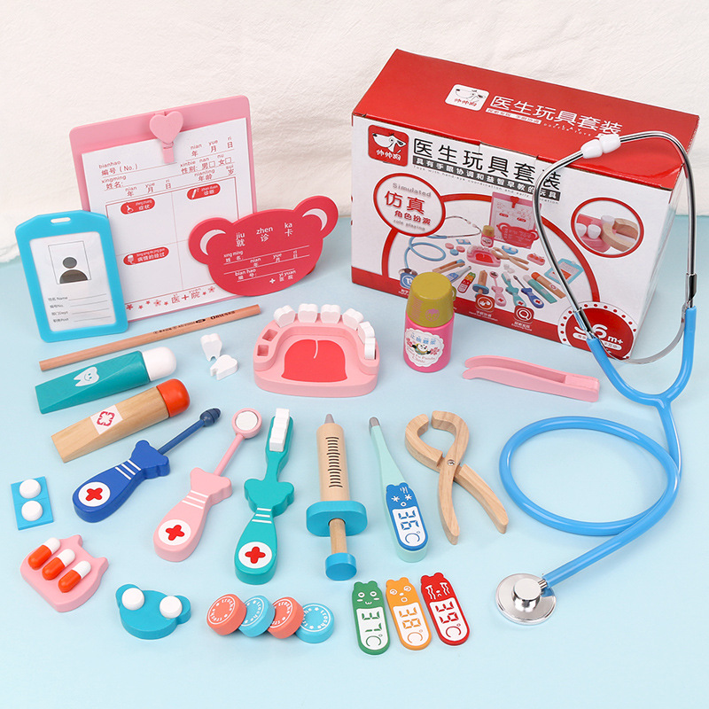 Træ børn læge lege hus model læge legetøj sæt pigesygeplejerske læge echometer
