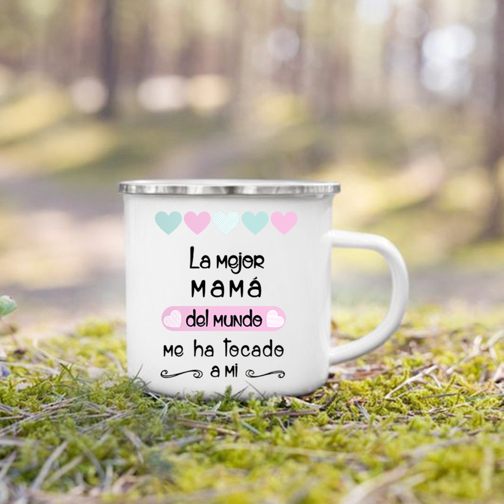 Taza con estampado de la mejor mamá del mundo, tazas de café creativas, bebidas, leche, taza con asa, taza esmaltada para acampar, de cumpleaños para el día de la madre para mamá: Azul