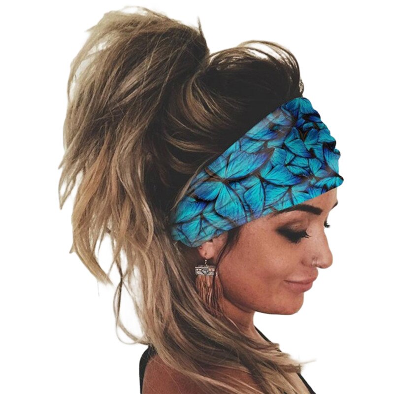 Pañuelo para correr al aire libre, cinta ancha para el pelo deportiva elástica para mujer, cinta para el pelo informal para Fitness, accesorios de ropa, diadema de ocio: Blue-butterfly B