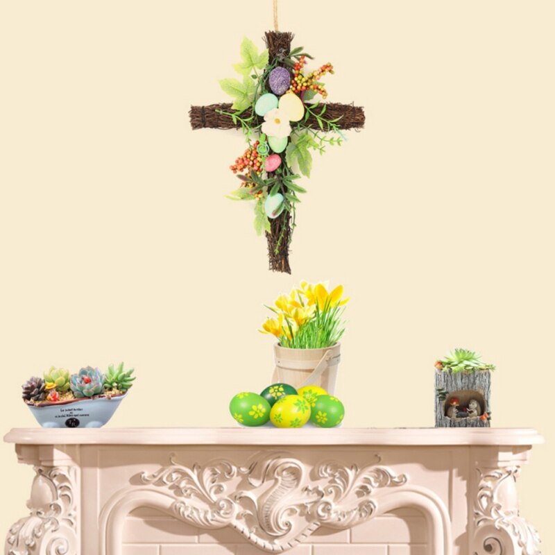 Corona de huevos de Pascua para decoración de puerta delantera, Cruz de ratán Natural, Primavera, boda, adorno de pared para puerta, 2022