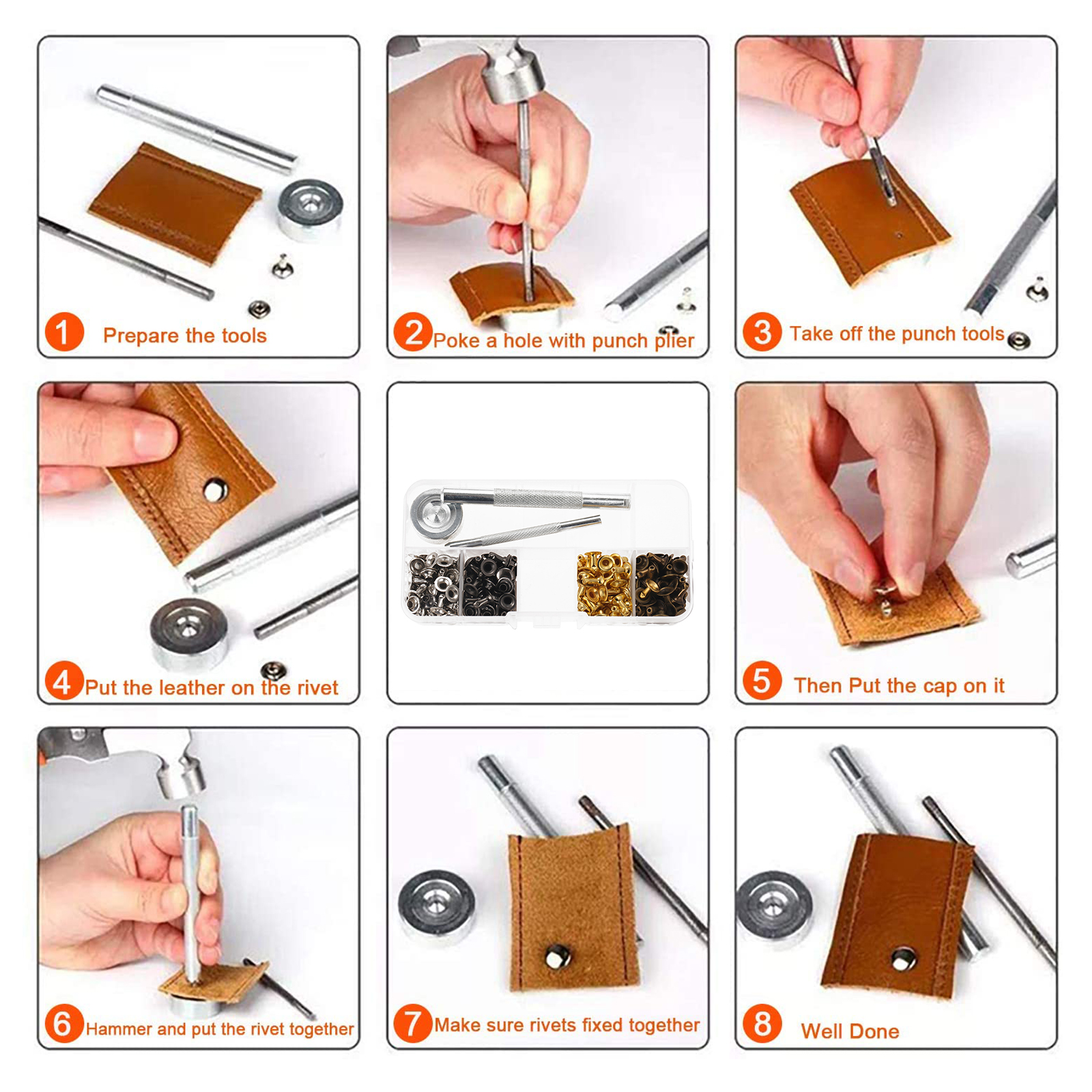 120 einstellen Leder Nieten Einzelnen Kappe Nieten Rohr Metall Nieten mit Befestigungs Werkzeug Bausatz für Leder Handwerk Reparatur Leathercraft Werkzeuge