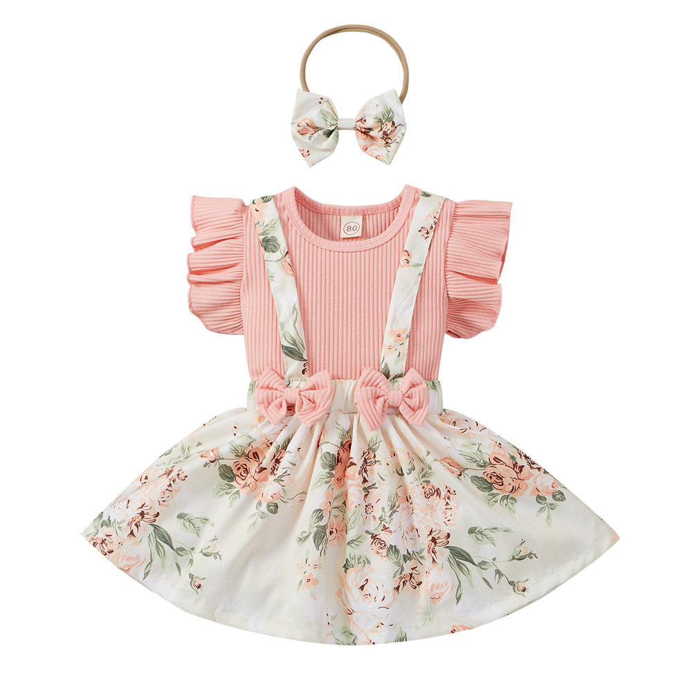 Zlaille – ensemble de jupe pour bébé fille, vêtements d'été en coton tricoté, haut à bretelles, avec bandeau: Rose / 12-18M