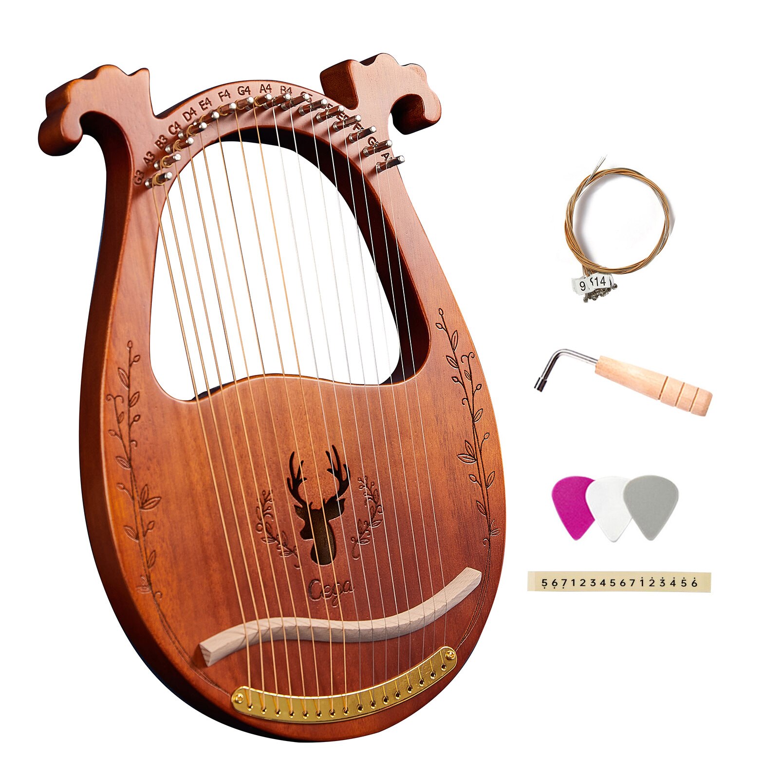 Caja de arpa de Lira de madera de 19 cuerdas, instrumento de cuerda con llave de afinación, 3 uds., púas, instrumentos de cuerda