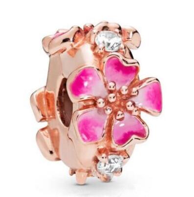 Genuine 925 Sterling Silver Bead Charm Rose Peach Blossom Flower Clip Stopper Beads Fit Pan Bracelet & Necklace Diy Jewelry