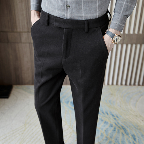 Pantalones de vestir de lana para hombre, traje informal ajustado para boda, oficina, Social, S-3XL Classique, otoño: Negro / M