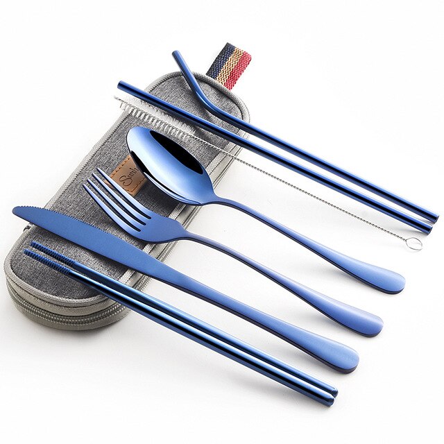 Serviesje Reizen Camping Bestek Set Herbruikbare Zilverwerk met Metalen Stro Lepel Vork Eetstokjes en Draagbare Case