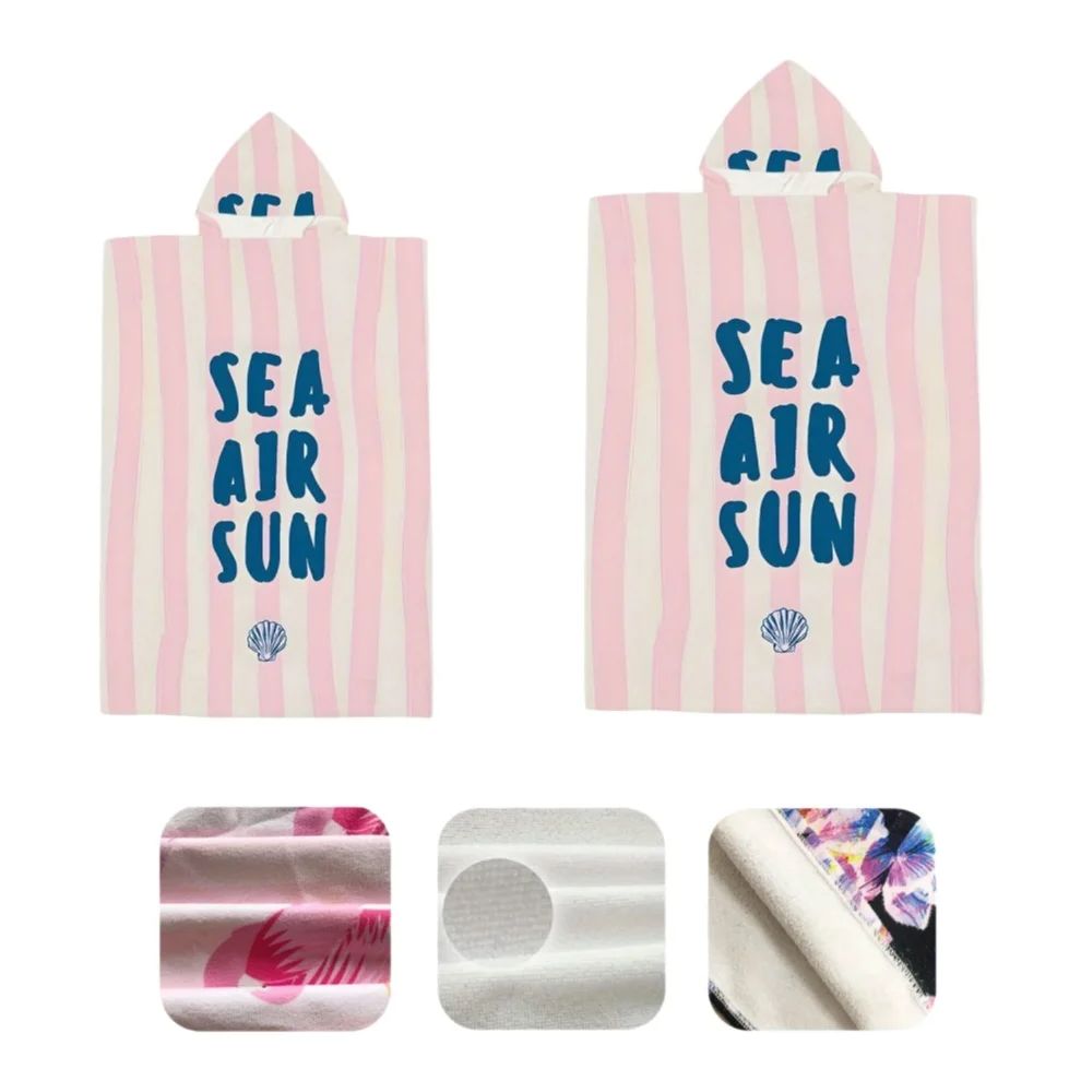 1 Stück "Meer Luft Sonne" Surfen-Poncho-Handtuch, Polyester-Umziehrobe mit Kapuze für Höhle Strand, Rosa-Weiß gestreifter Badeponcho, für Erwachsene und freundlicher: XS (Sicherheits-Rettungsgerät)