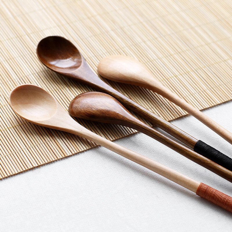6Pcs/Set Handmade Wooden Long Teaspoons Japanese Style Dessert Spoon Honey Coffee Mixing Spoons Kitchen Tableware