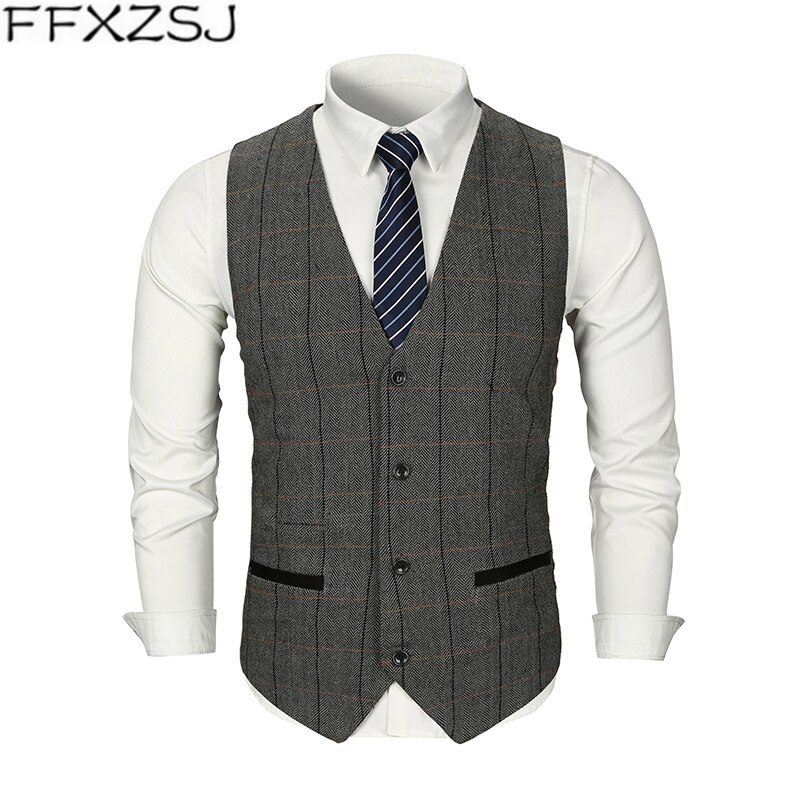 FFXZSJ Men Woolen Suit Vest Single Breasted Plaid Wedding Groom Slim Fit Vest Waistcoat Business Formal Vest for Men