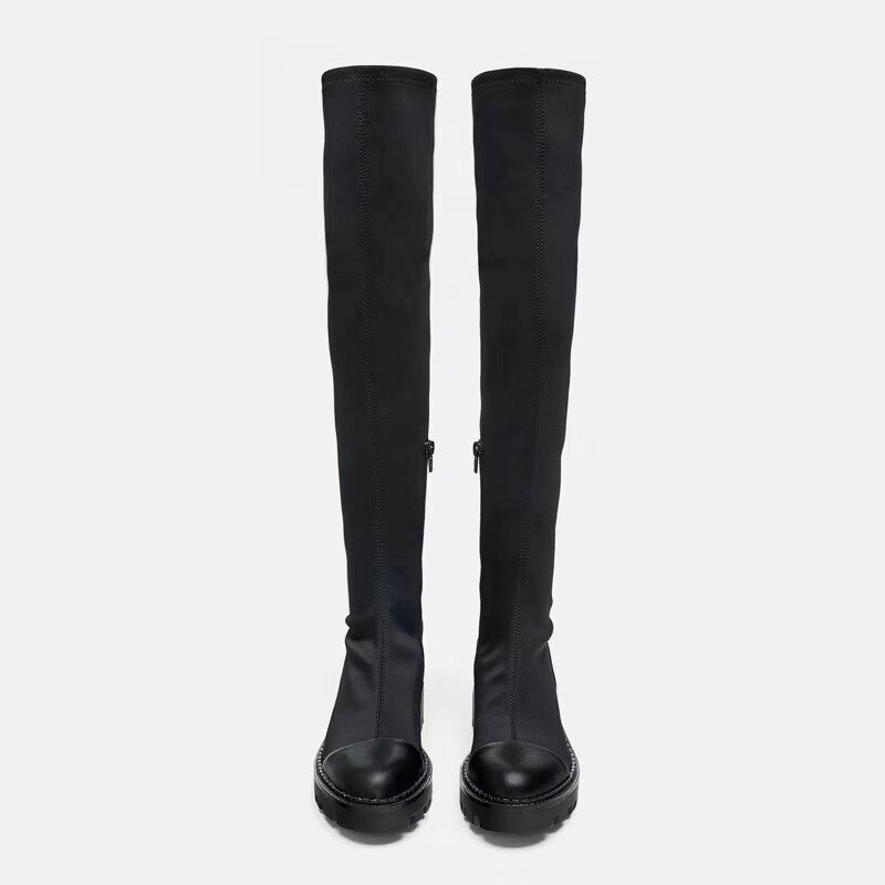 Botas de suela negra, suela plana, botas por encima de la rodilla elásticas, espesor de cabeza, parte inferior, lateral alto