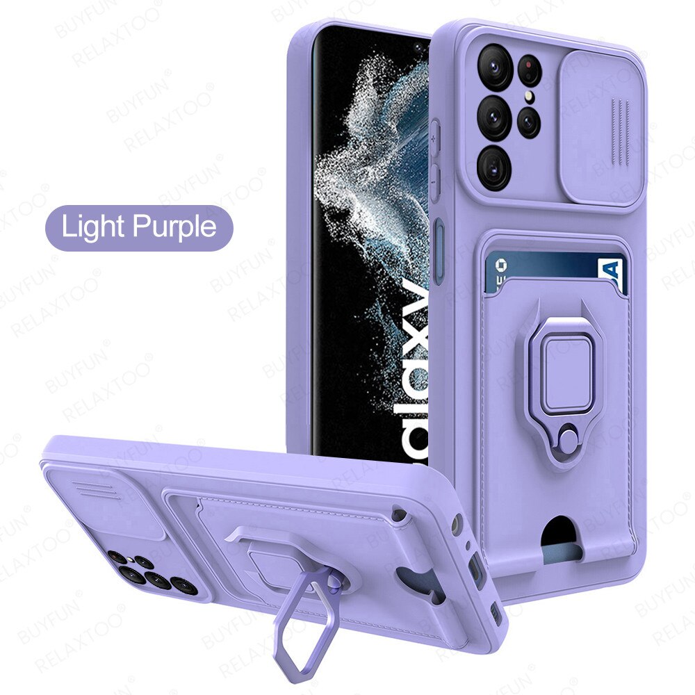 Voor Samsung S22 Ultra Case Push Camera Shockproof Cover Voor SamsungS22 Plus S 22 5G Auto Magnetische Houder Stand card Wallet Fundas: S22 Ultra / Light purple 6