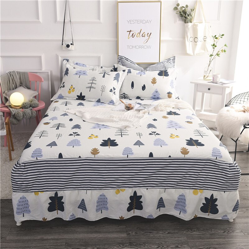 Witte streep Cartoon forest100 % katoen Bed rok Bloemen en vogels print sprei twin volledige koningin schattige postaral prinses stijl