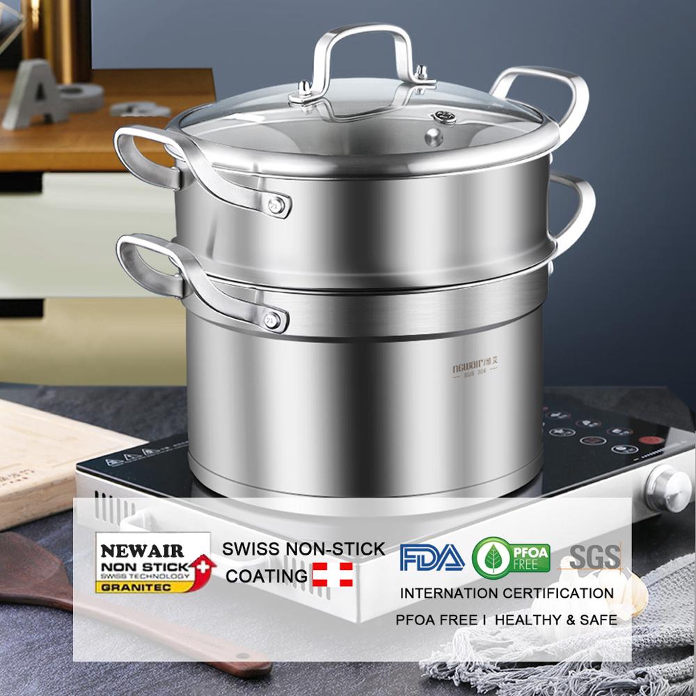 3 Piece Premium Heavy Duty Stainless Steel Steamer Pot Set Includes 3 Quart Cooking Pot, 2 Quart Steamer Insert and Vented Glass