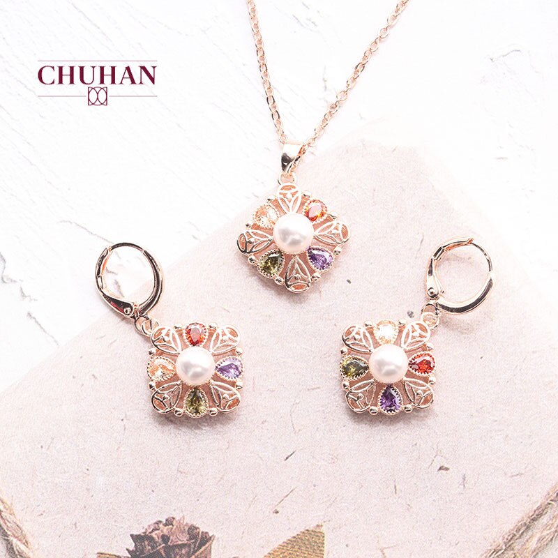 CHUHAN mujeres pendiente de collar de dos piezas conjunto de joyas romántico oro Color de rosa de Zirconia cúbica de La Perla de flor joyería nupcial J290: Default Title