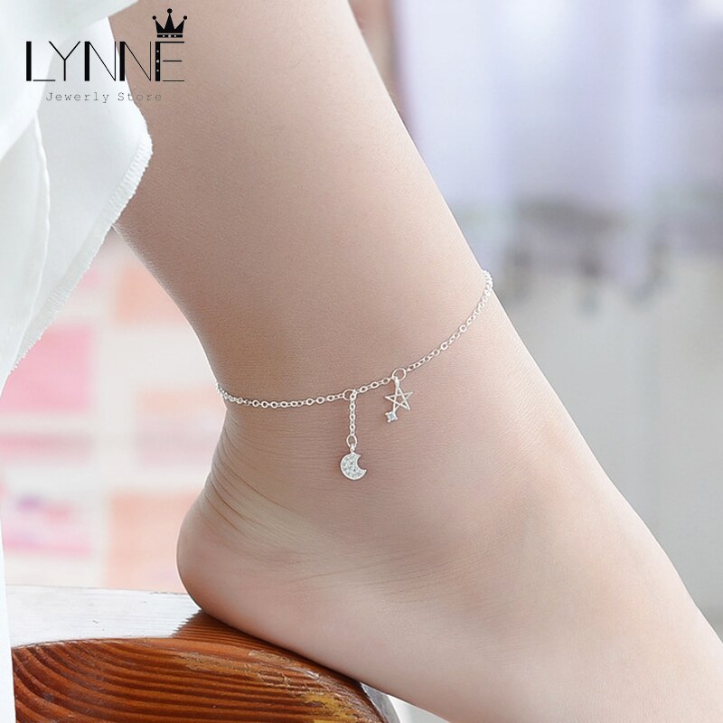 Mode 925 Sterling Silver Star &amp; Moon Zirkoon Hanger Enkelbandje Armband Constellation Symbool Voet Ketting Vrouwen &amp; Meisje Sieraden