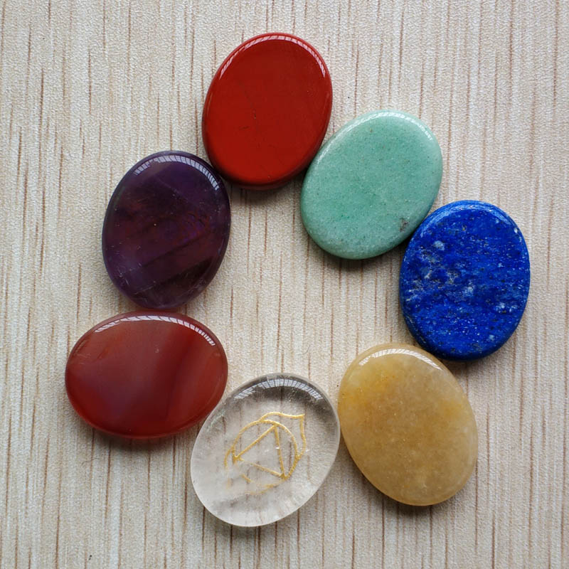 No hole mix Natural stone seven chakras patten carved oval pendants for jewelry accessories making 7pcs/lot