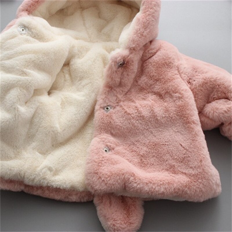 Pluche Baby Meisjes Jas Baby Jas Winter Warme Kinderen Kleding Leuke Oren Capuchon Bovenkleding Furry Thicken Peuter Jongens Overjas