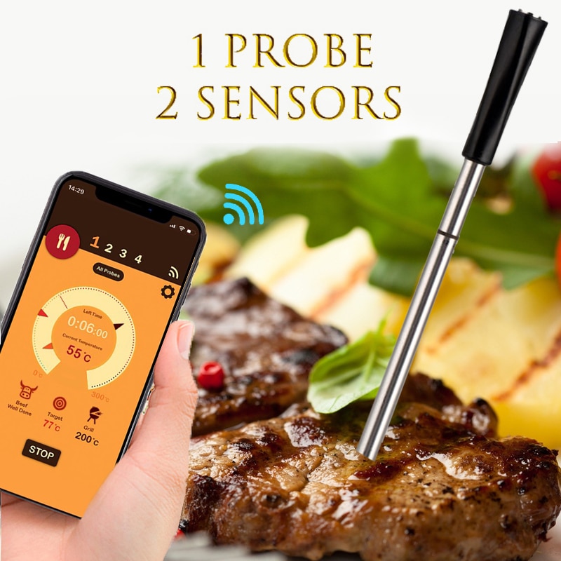 Thermomètre de cuisson sans Contact, Bluetooth, étanche, sans fil, pour Barbecue, sonde numérique,
