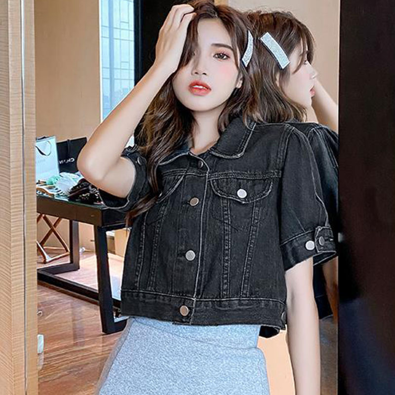 Lucyever cropped denimjakke kvinder sommer koreansk kortærmet overtøj dame knapper turndown krave jeanfrakke