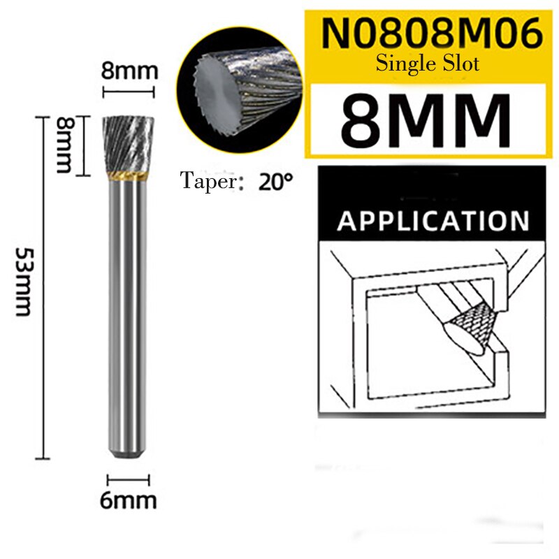 Inverted Cone Shape Alloy Rotary File 1pc Hard Metal Grinding Head Milling Cutter Tungsten Wood Carving Tool N-Type: N0808M06