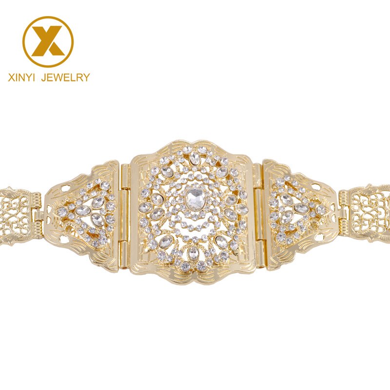 Traditionele marokkaanse kaftan tailleketting chic voor damesbruiloft vergulde ronde kristallen holle bloem metalen riem: Goud wit