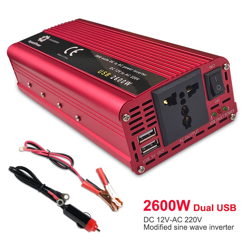 Dual USB 2600 w Watt DC 12 v naar AC 220 v Draagbare Auto Power Inverter Charger Converter Adapter DC 12 tot 220 Gemodificeerde Sinus