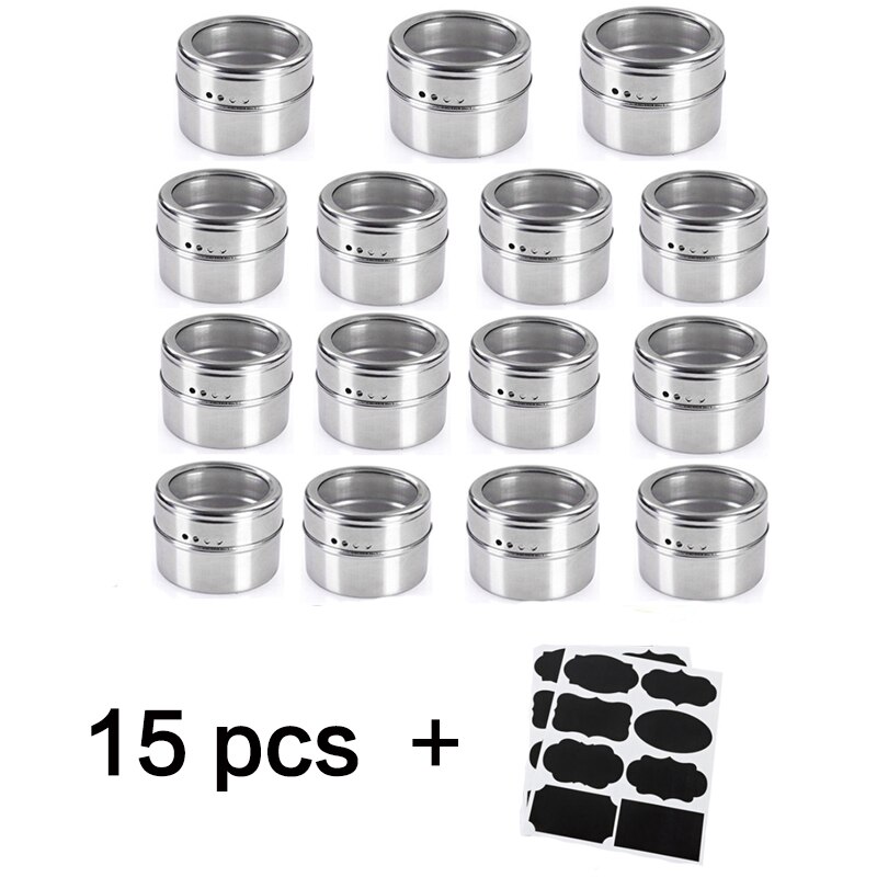 Magnetic Spice Jar Set With Stickers Stainless Seasoning Sprays Tools seasoning bottle Steel Spice Storage Tins Container Pepper: 15 pcs set