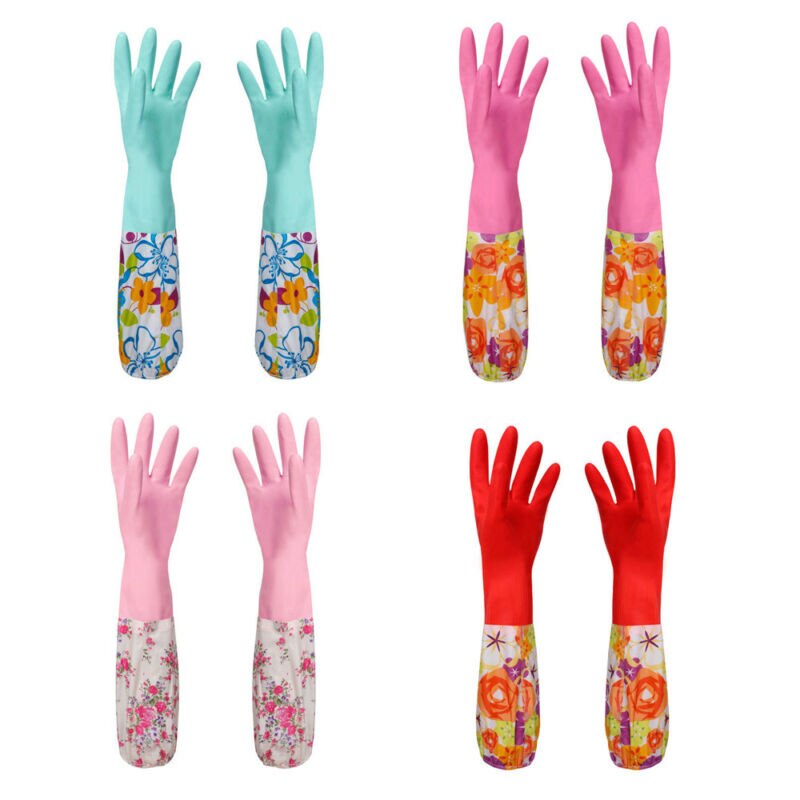 Reusable Rubber Latex Waterproof Dishwashing Gloves Long Cuff and Flock Lining Warm Household Cleaning Gloves Kitchen Tools