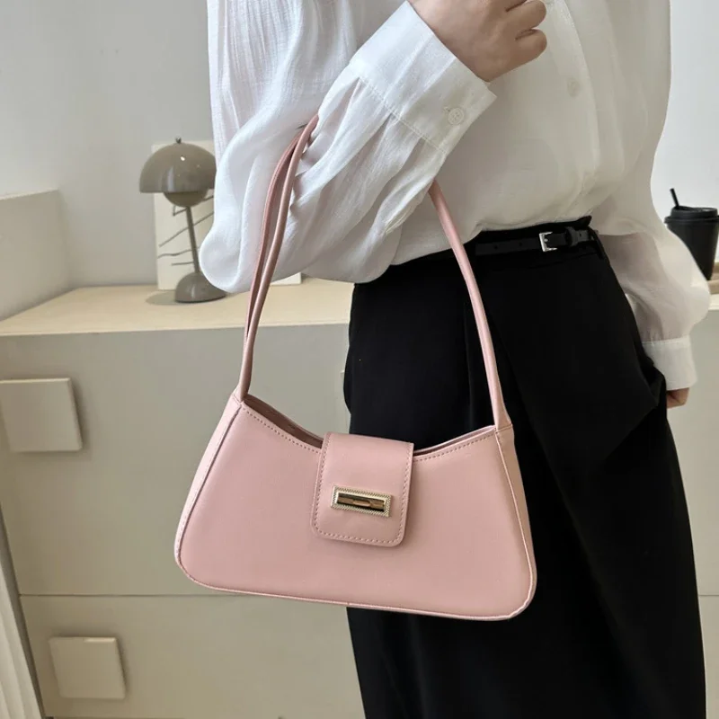 Minimalist Shoulder Bag for Women Simple Solid Color Underarm Bag Buckle Handbag and Purse Small Top-handle Bags