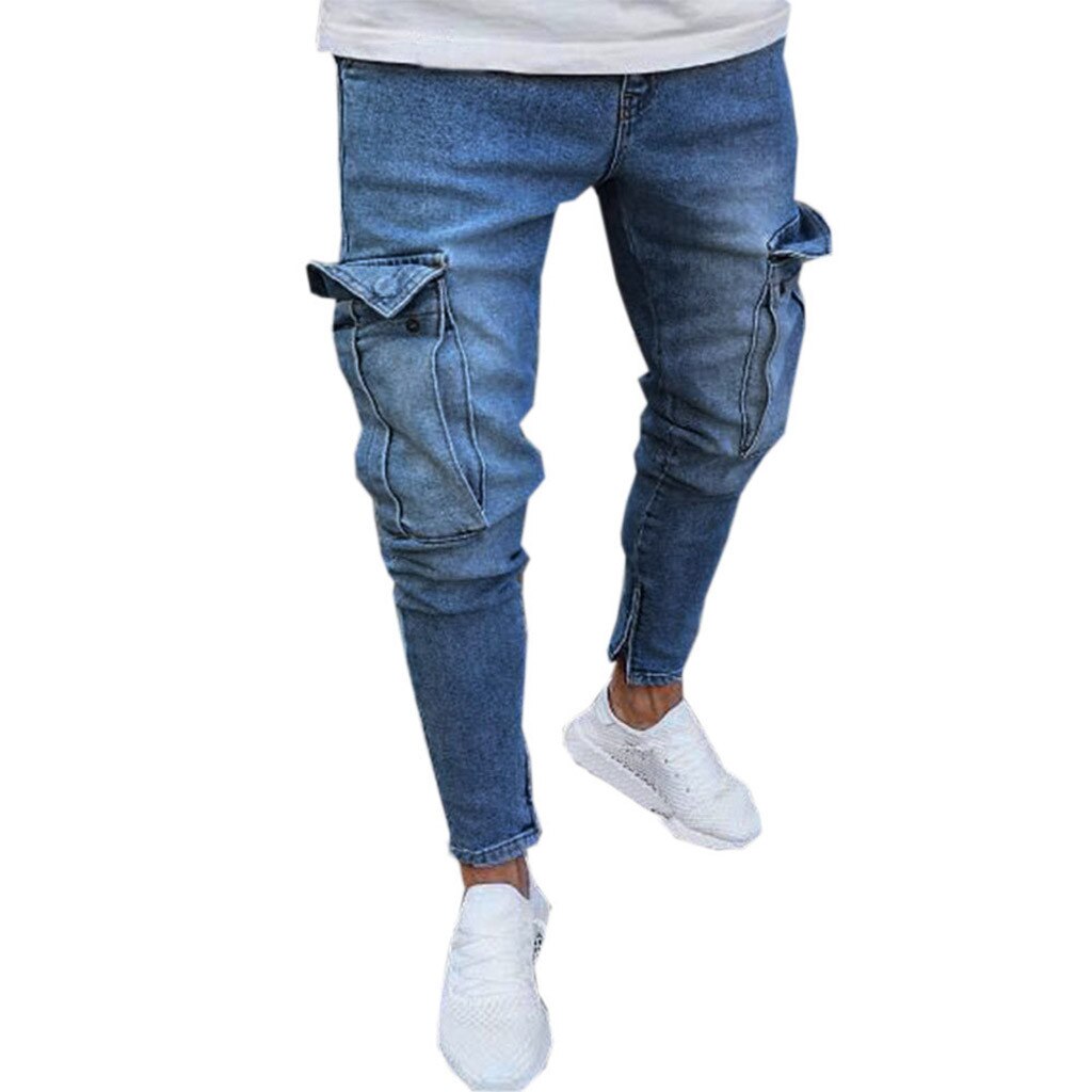Skinny jeans voor heren stretch denim broek distressed ripped gerafelde slim fit pocket jeans broeken herenkleding: Blauw / M