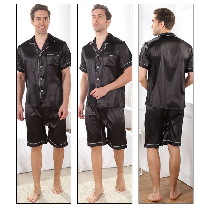 Pijamas de seda satinada para hombre, ropa de dormir de manga corta, camisón suave, pijama de talla grande, L-3XL de verano