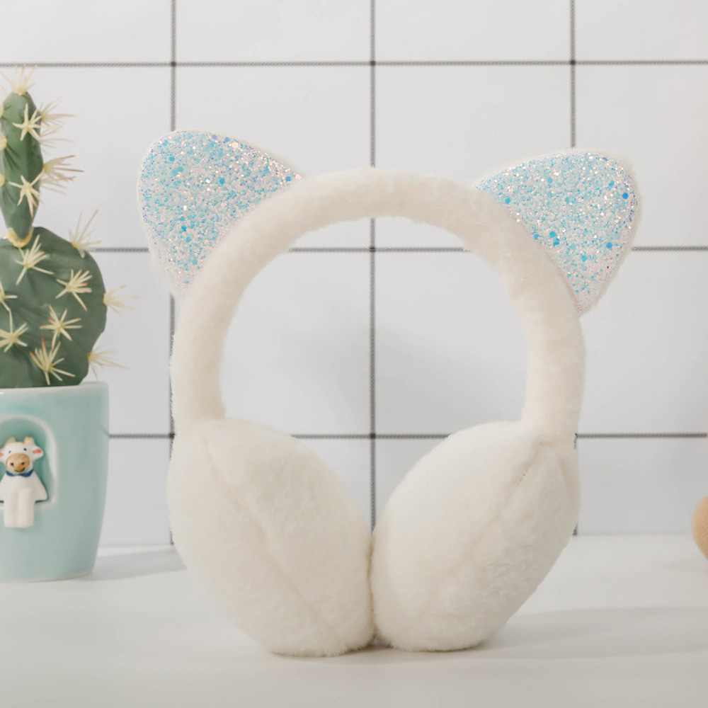 Orejeras de felpa con orejas de gato para niño, orejeras bonitas y cálidas para exteriores, de lentejuelas brillantes, suaves, diadema para niño, 6 colores: white