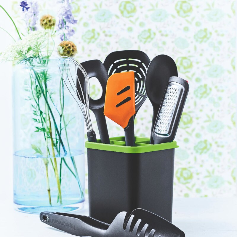 Tupperware-cuchara multiusos para cocinar, cuchara de mezcla negra y azul, cuchara de cocina superior, cuchara de cocina lista para retención