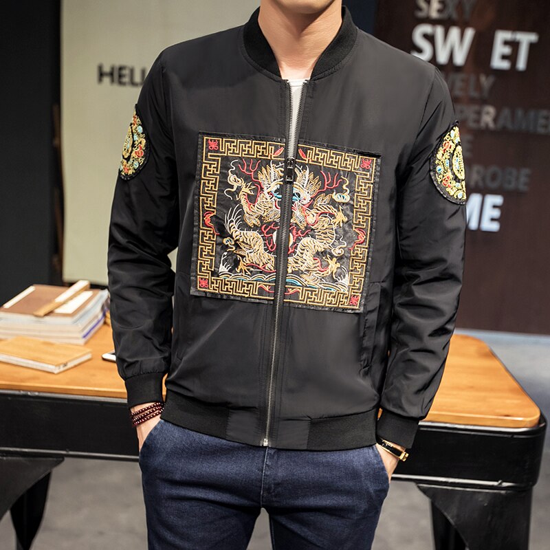 Veste ample avec broderie pour homme, manteau style chinois, grande taille 5xl, printemps-automne: black / Asian  L