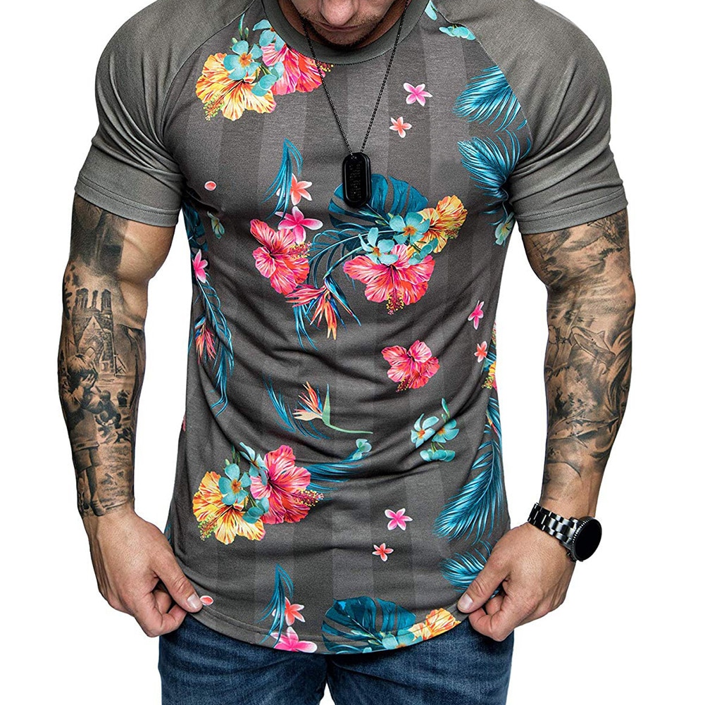 Herr t-shirt sommar kort ärm rund hals tryckta blommor blad tryckta t-shirt kort ärm herr toppar мужские комплекты