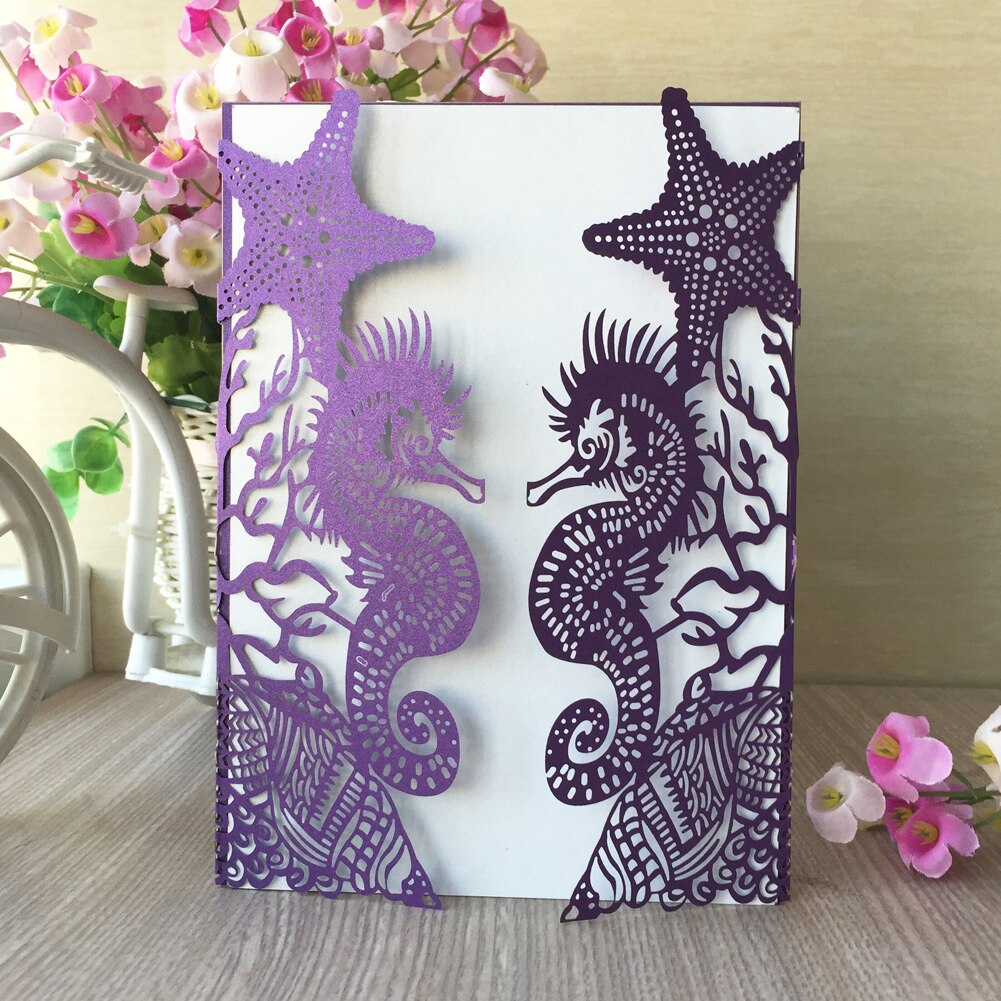 1Pcs Glossy Paper Beach Theme Wedding Party Invitations Cards Seahorse Wedding Cards Bridal Shower Invitation Wedding Supplies