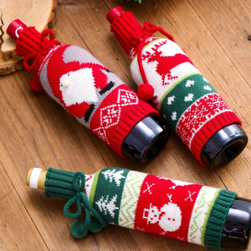 Kerst Wijnfles Covers Champagne Zakken Elanden Kerstman Sneeuwpop Gebreide Verpakking Bag Xmas Jaar Party Decoratie